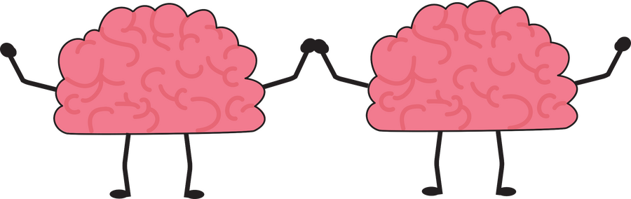 Two pink cartoon brains standing up holding hands, with black stick figure arms and legs. Their arms are lifted as if they are delighted and celebrating.
