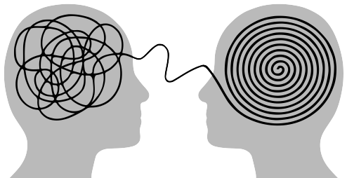 Silhouette of two heads in profile with contrasting brain patterns of black lines: one chaotic and tangled, the other with concentric circles. The two brain patterns are connected by a thread that resembles a sideways number 2.