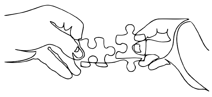 A continuous line drawing, in black, of two hands, each holding a puzzle piece, as if to put the two pieces together.